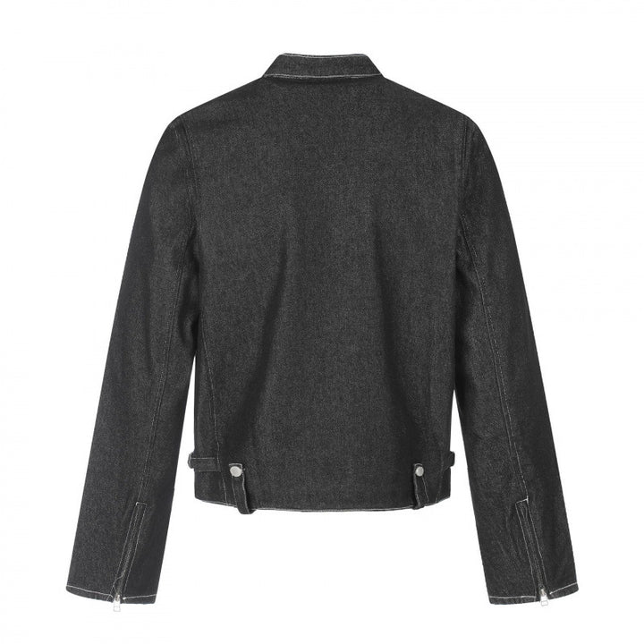 Herren Kurz geschnittene kastige Denimjacke im Worker-Blouson-Stil mit Stehkragen und Metallapplikationen Echo Archiv