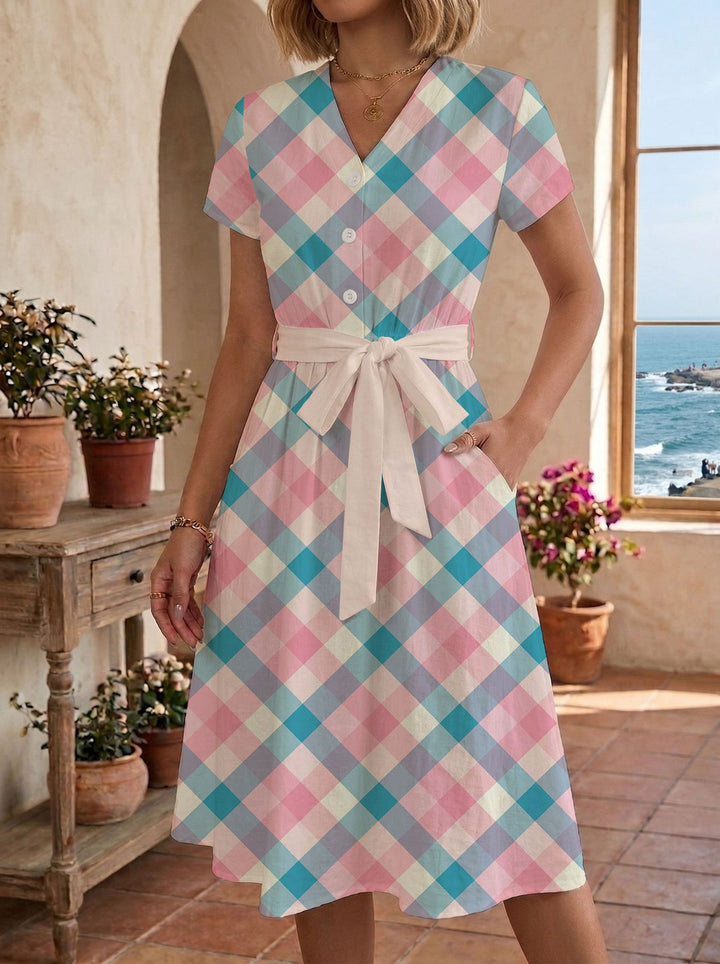 Damen lässiges Maxikleid mit taillierbarem Knoten und dekorativem Karomuster Echo Archiv