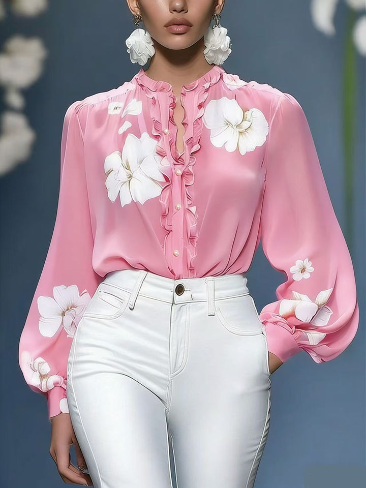 Damen Seidenbluse mit Rüschenblende und floraler Applikation – Élovi
