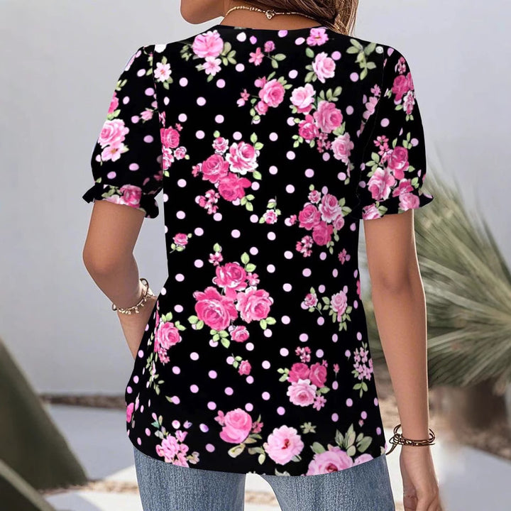 Damen nan florale V-Ausschnitt-Bluse mit dekorativer Spitzenblende und gerafften Kurzärmeln Echo Archiv