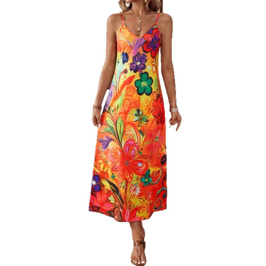 Damen Maxikleid mit buntem Blumenmuster und Spaghettiträgern Echo Archiv