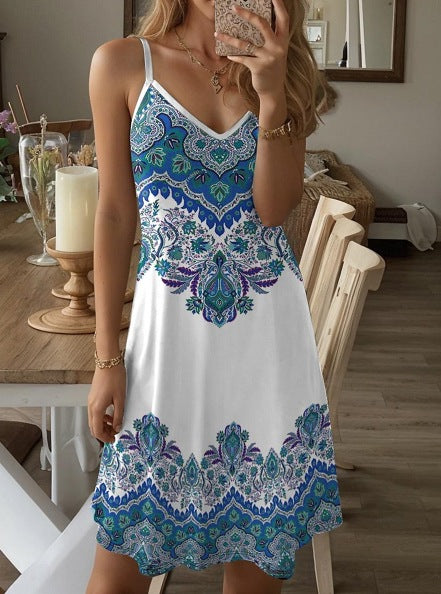 Damen Spaghetti-Träger Kleid mit stilvollem Paisleymuster und A-Linien Schnitt Echo Archiv