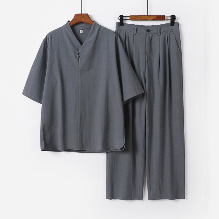 Herren Zweiteiliges Leichtes Kimono-Loungewear-Set mit Stehkragen Knotenverschluss Kurzarm und weiter Bundhose Echoarchiv