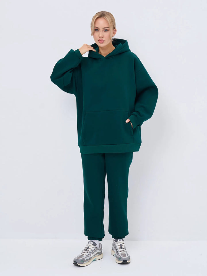Damen lässiges Kapuzen-Sweatset aus schwerer Baumwollfleece mit Kängurutasche und gerader Jogginghose – Auréline
