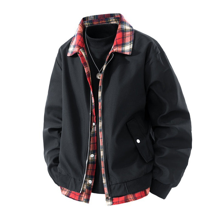 Herren winddichte Overshirt-Jacke mit karierter Fütterung, Reißverschluss und Druckknopf-Taschen – Taviero