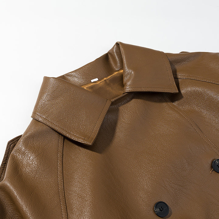 Damen Kurze Doppelreiher Kunstleder-Trenchjacke mit Taillengürtel Echo Archiv