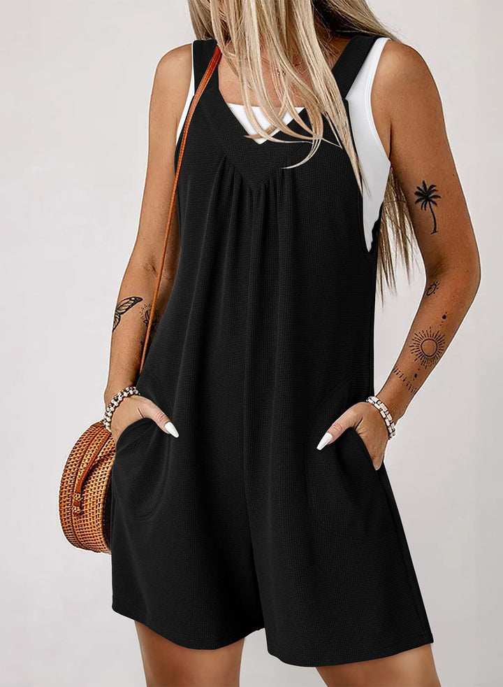 Damen Ärmelloser Waffel-Shorts-Overall mit V‑Ausschnitt und Eingrifftaschen – Solévia