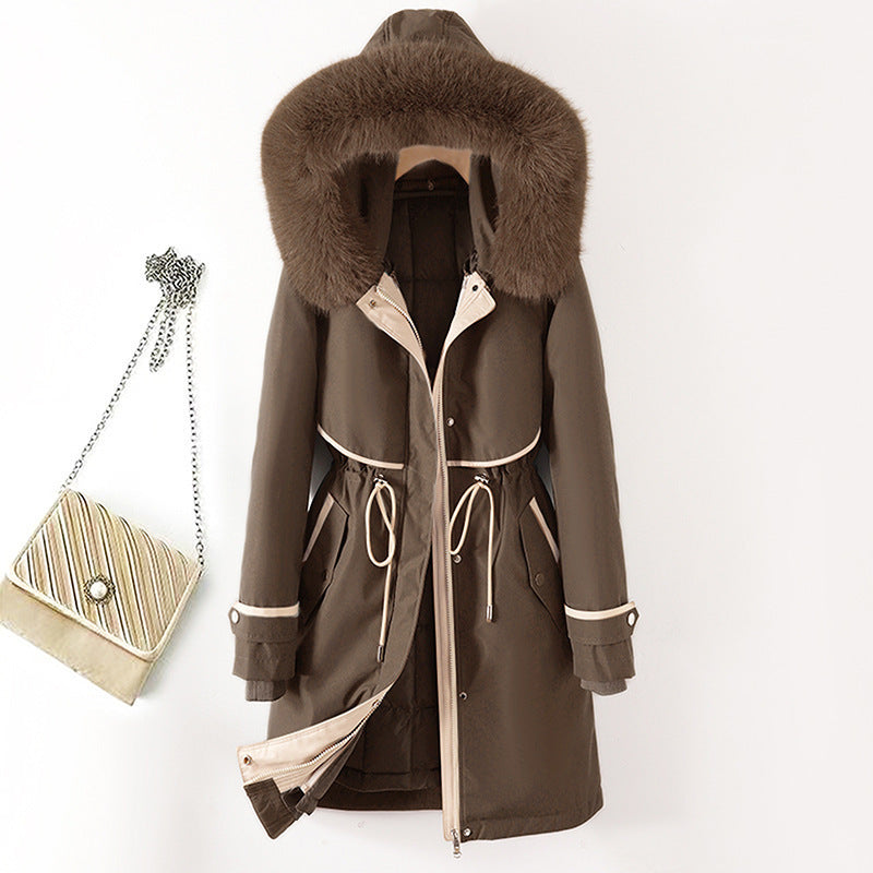 Damen nan langer Parka mit Kunstfellkapuze Taillenzug und kontrastierten Paspeln Echo Archiv
