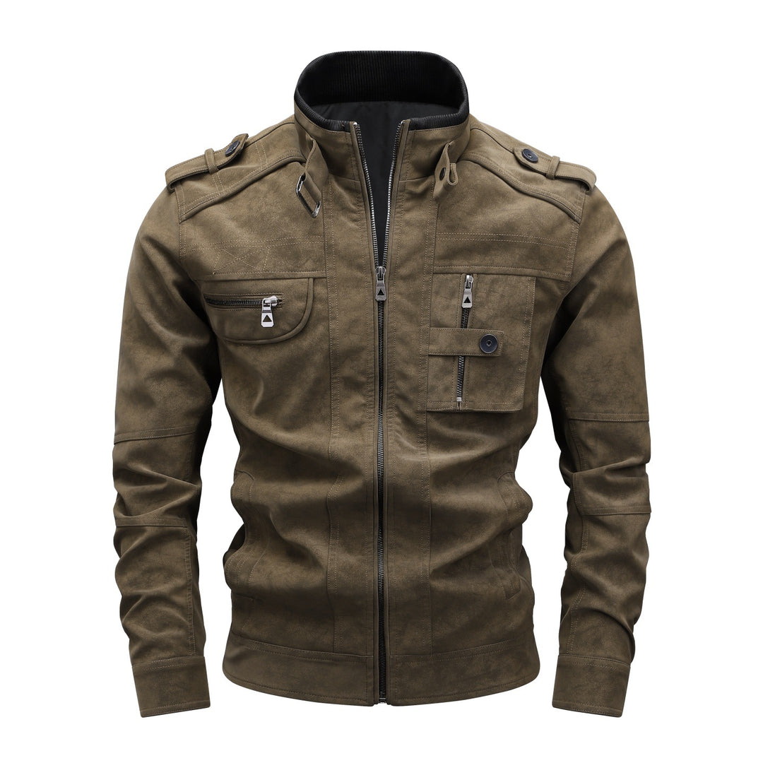 Herren Utility-Fliegerjacke in Wildlederoptik mit Stehkragen, Epauletten und Mehrfach-Taschen Echoarchiv