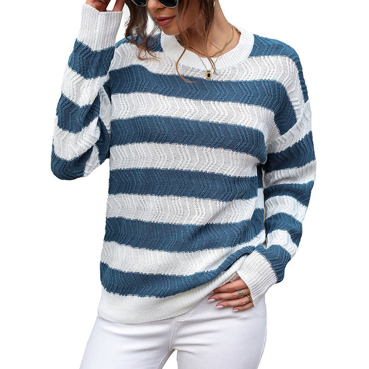 Damen Gestreifter Ajourstrick-Pullover mit Wellendessin, lockerer Passform und gerippten Bündchen Echoarchiv