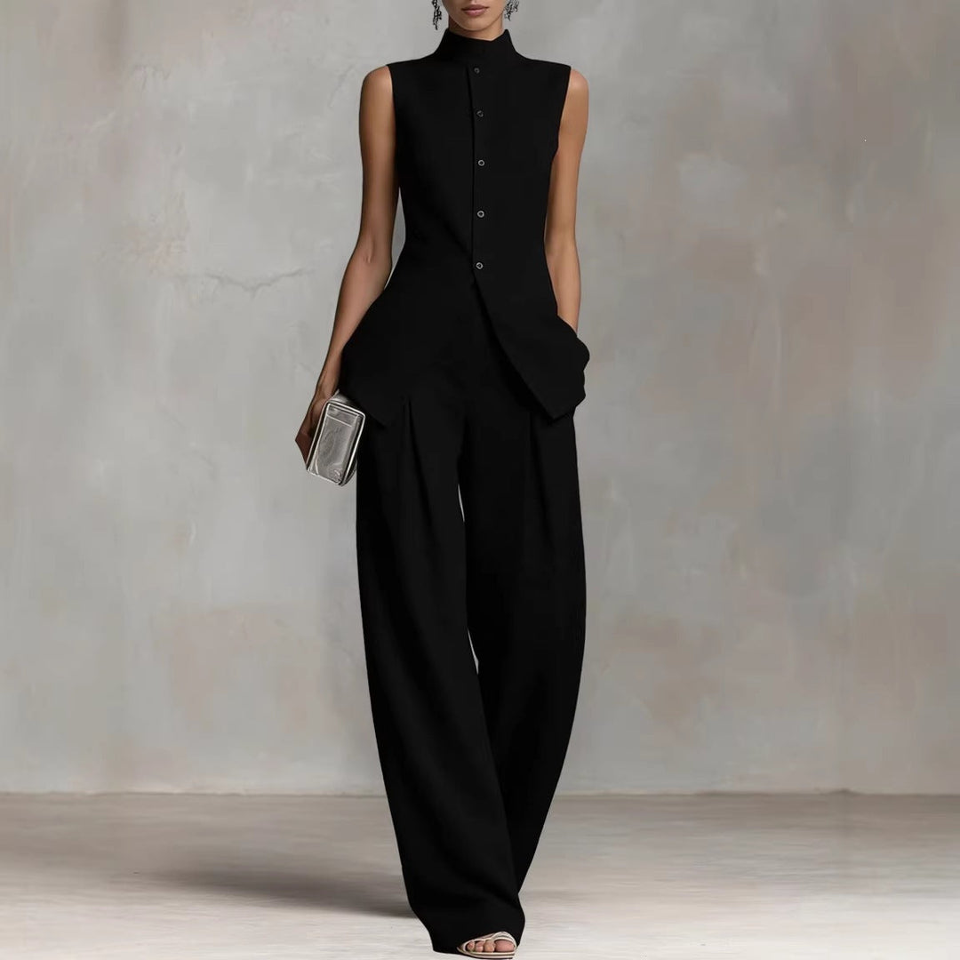 Damen Eleganter suit mit hochgeschlossenem Kragen und weitem Bein Echoarchiv