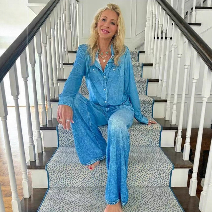 Damen Entspanntes Denim Loungewear-Set mit Übergröße Hemd und Weiten Schlaghosen Echoarchiv