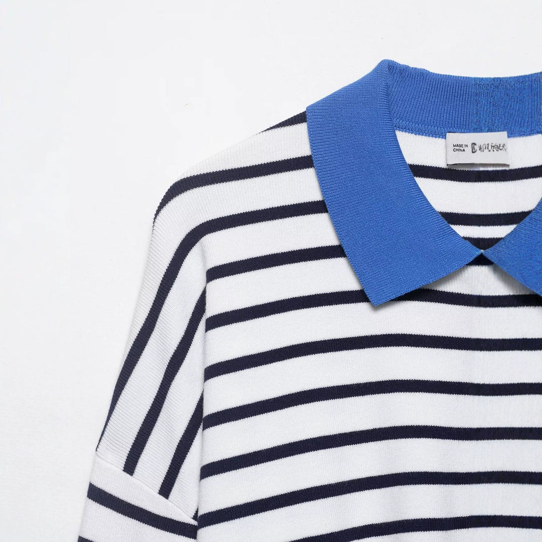 Damen Gestreifter Polokragen-Pullover mit Reißverschluss Echo Archiv