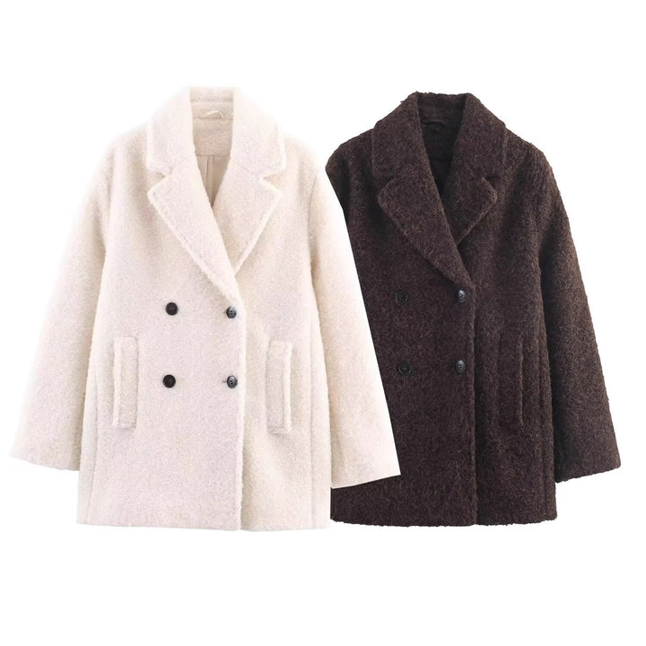 Damen Doppelreihiger Teddy-Mantel mit Schalkragen und aufgesetzten Taschen Echo Archiv