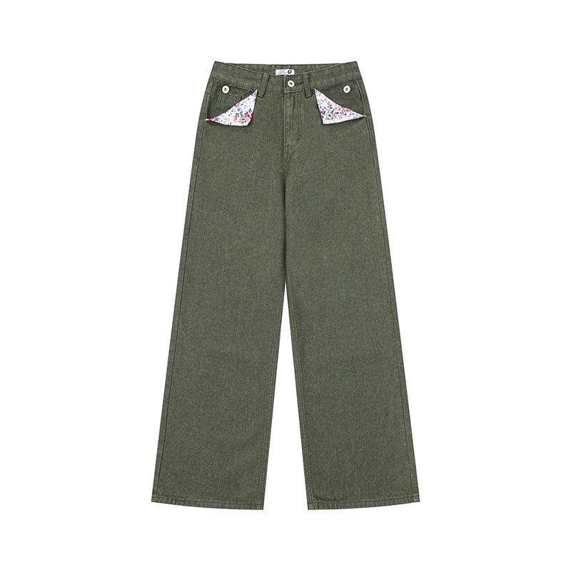 Damen Weite High‑Waist-Jeans im Palazzo-Schnitt mit Ziernaht und Blumen-Taschenfutter Echoarchiv