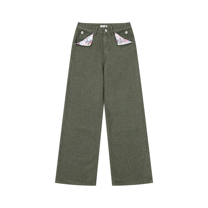 Damen Weite High‑Waist-Jeans im Palazzo-Schnitt mit Ziernaht und Blumen-Taschenfutter Echoarchiv