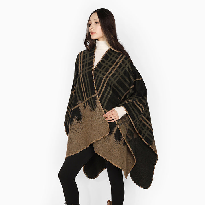 Damen Oversize-Capeponcho aus Wollmix mit Stern- und Karojacquard und weichfallendem Fall Echo Archiv