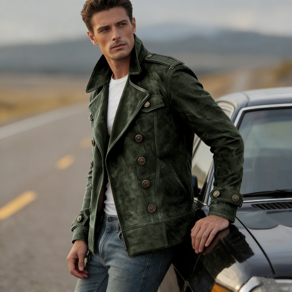 Herren nan doppeltreihige Vintage-Lederjacke mit Reverskragen und Schulterpatten Echo Archiv
