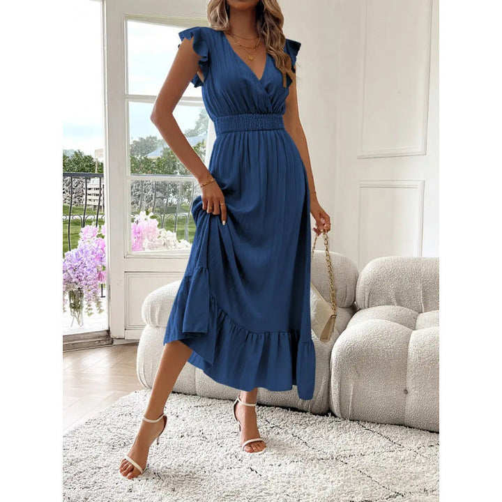 Damen Maxikleid mit voluminösen Rüschenärmel und elegantem Bund – Valéora