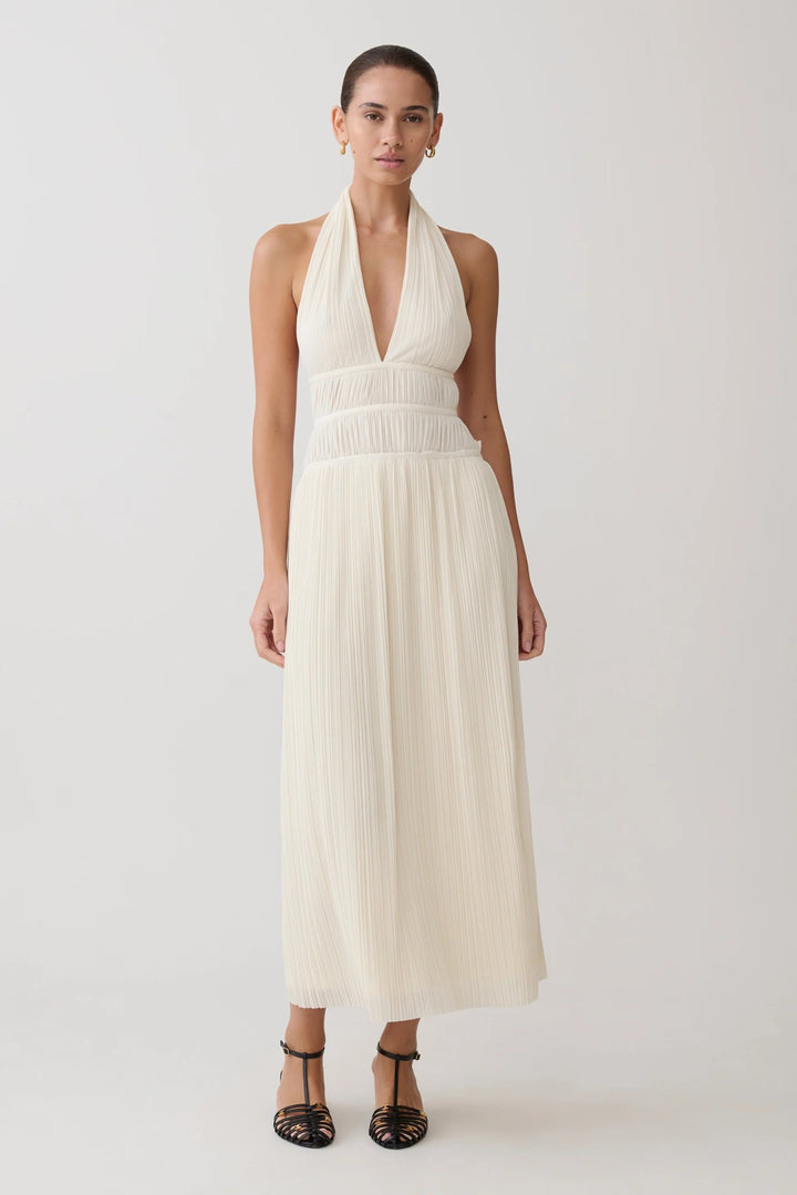 Damen Fließendes Maxikleid mit tiefem V-Ausschnitt und Plisseedetails Echo Archiv