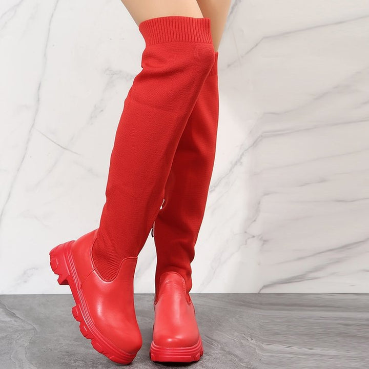 Damen Overknee-Stiefel mit elastischem Strickschaft, seitlichem Reißverschluss und markanter Chunky‑Lug‑Sohle Echo Archiv