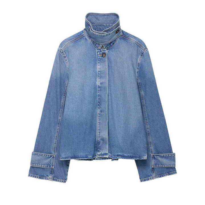 Damen Cropped Boxy-Jeansjacke mit hohem Funnelkragen und extraweiten Manschetten Echoarchiv
