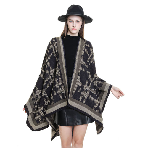 Damen Wollmix-Umhang mit jacquardgewebtem Aquarelldruck und offener Kimono-Silhouette – Montévia