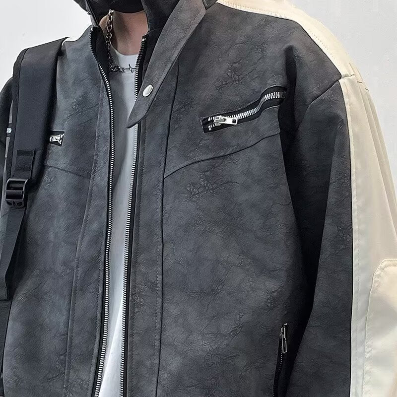 Herren Kontrastärmeliges Oversized Kunstleder-Utility-Jacke mit Stehkragen Echoarchiv