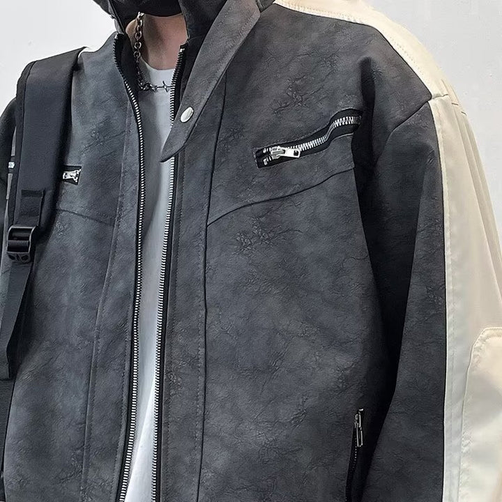 Herren Kontrastärmeliges Oversized Kunstleder-Utility-Jacke mit Stehkragen Echoarchiv