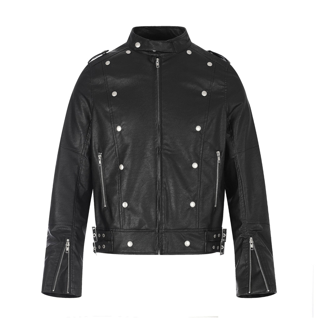 Herren Biker‑Lederjacke im Military‑Style mit Nieten, Stehkragen und Taillengürtel Echoarchiv