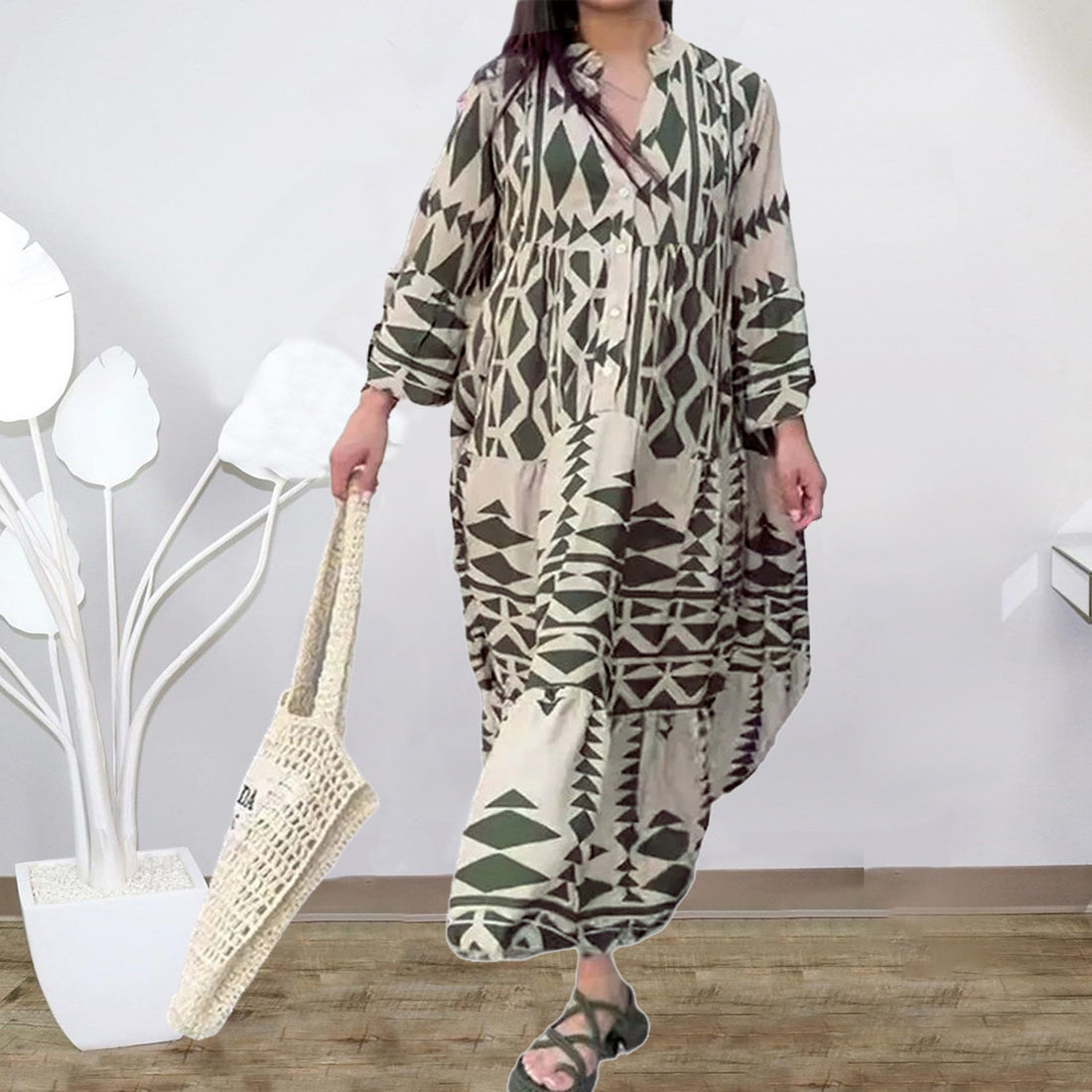 Damen Lockeres Maxikleid im Boho‑Stil mit grafischem Print, V‑Ausschnitt und Knopfleiste Echo Archiv