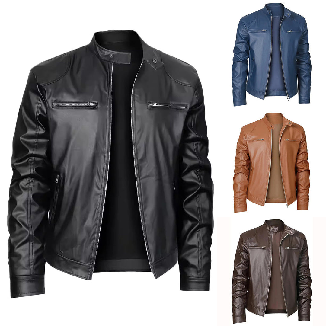 Herren nan schlanke Kunstleder-Bikerjacke mit Stehkragen, durchgehendem Reißverschluss und zwei Brusttaschen Echo Archiv