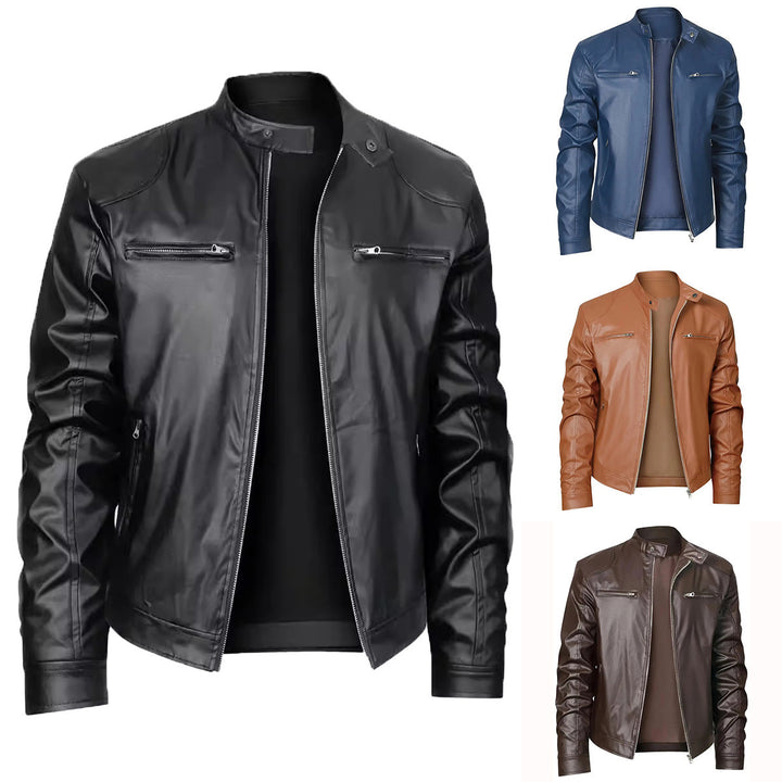 Herren nan schlanke Kunstleder-Bikerjacke mit Stehkragen, durchgehendem Reißverschluss und zwei Brusttaschen Echo Archiv