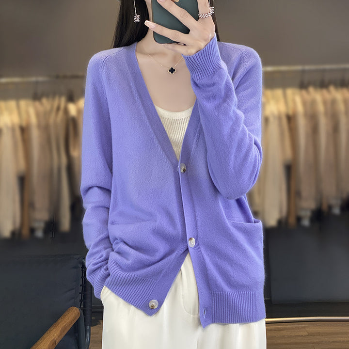 Damen Lässiger Feinstrick-Cardigan mit V‑Ausschnitt, Eingrifftaschen und breitem Rippbund Echoarchiv