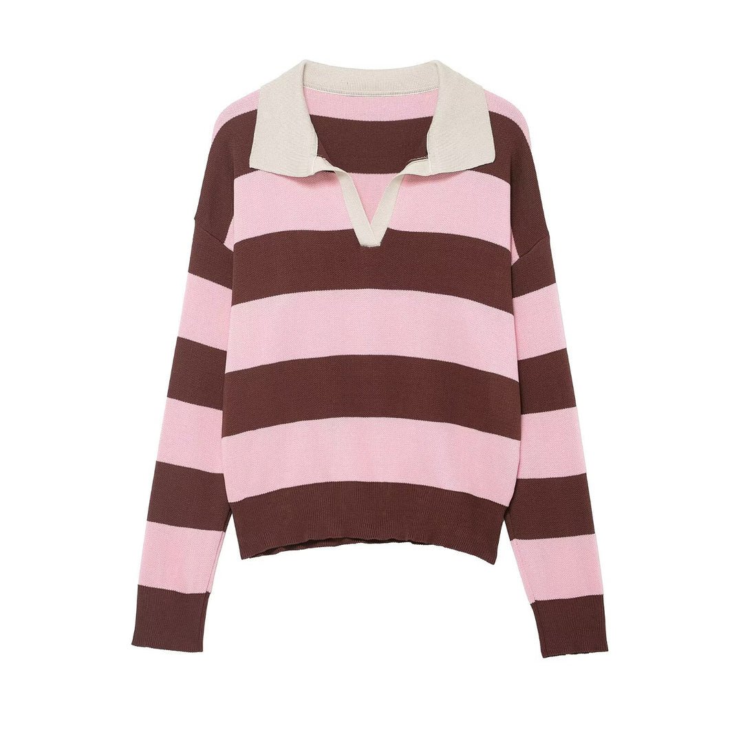 Damen Gestreifter Rugby-Polo-Pullover mit V-Notch und Cropped-Saum Echo Archiv
