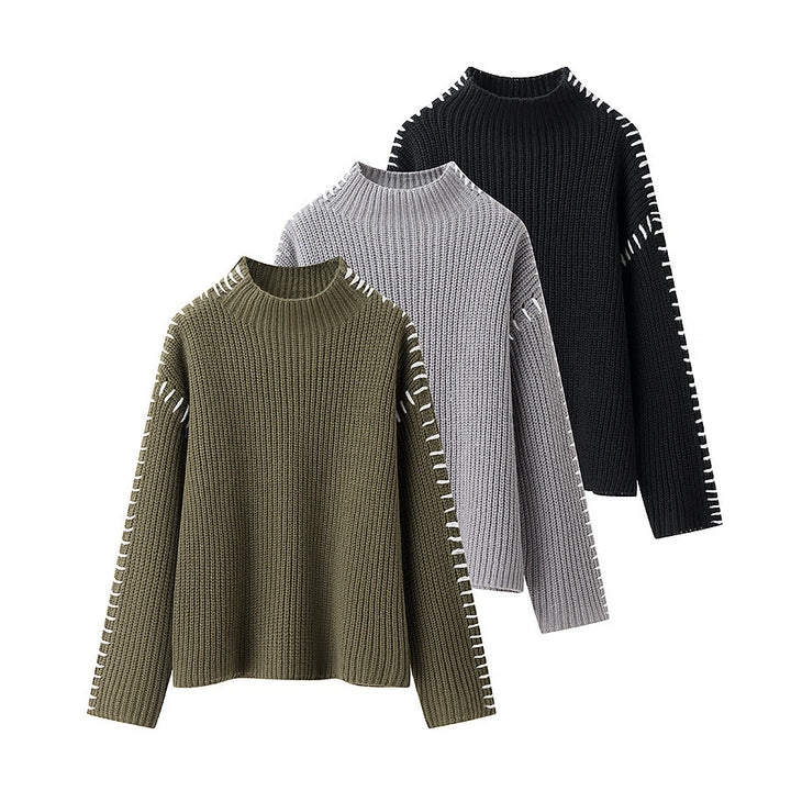 Damen nan grober Strickpullover mit Stehkragen, oversized Schnitt und dekorativer Seitenstich-Ärmelnaht Echo Archiv