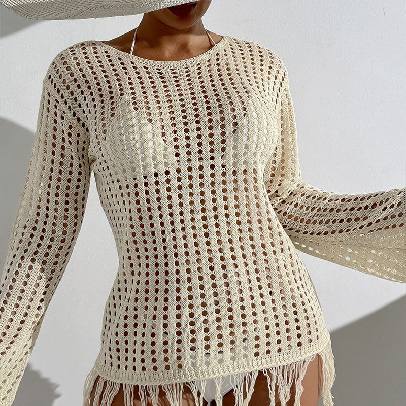 Damen Häkel-Strandüberwurf mit fransigem Saum und dekorativem Netzdesign Echo Archiv