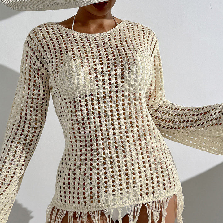 Damen Häkel-Strandüberwurf mit fransigem Saum und dekorativem Netzdesign Echo Archiv