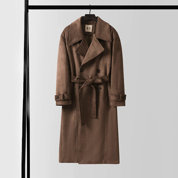 Herren Maxilanger Velours-Mantel im Trench-Look mit breitem Revers und Bindegürtel Echoarchiv