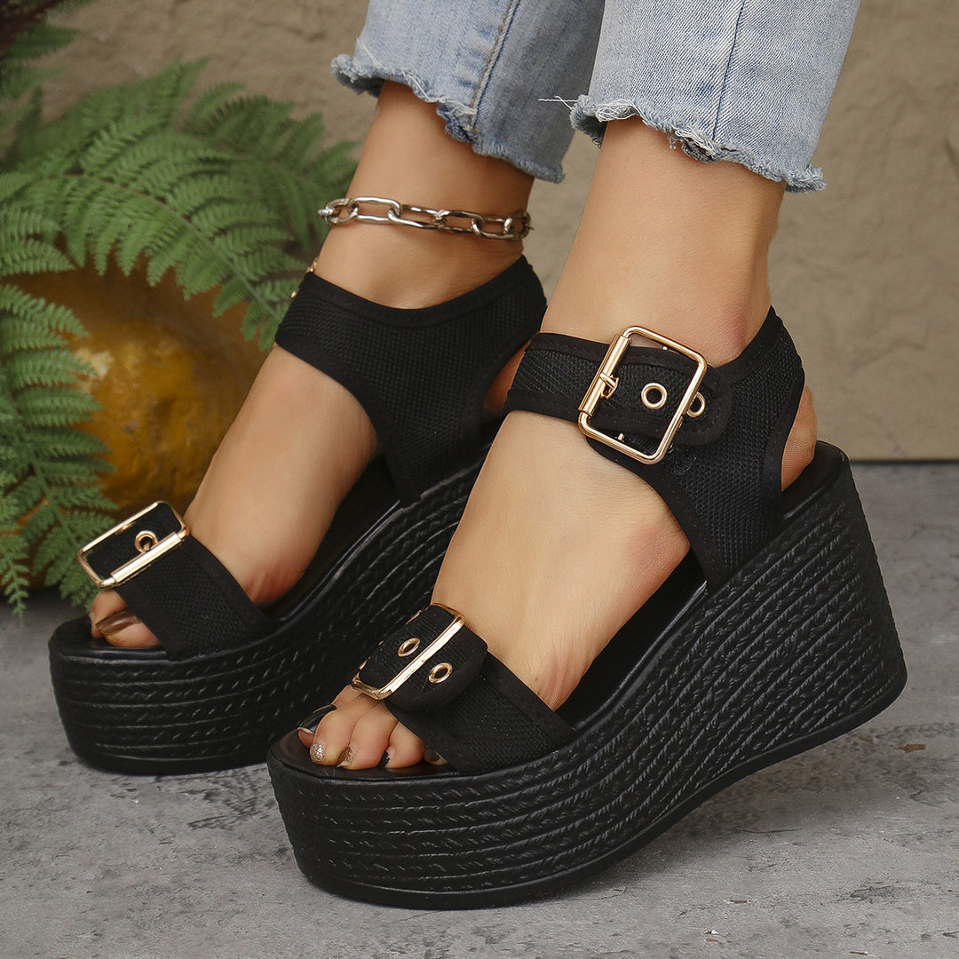 Damen nan Espadrille-Plateau-Sandalette mit textilen Riemen, großen Metallschnallen und gepolstertem Komfortfußbett Echo Archiv