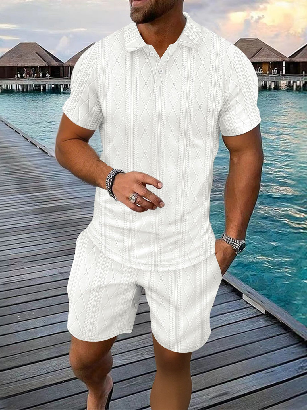 Herren Strukturstrick Polo und Shorts Set Echoarchiv