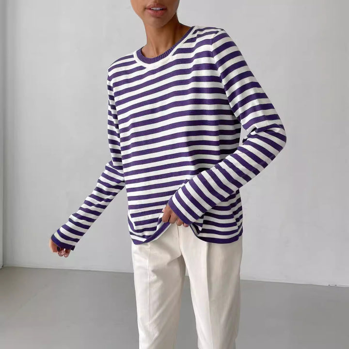 Damen nan gestreifter Baumwollpullover mit Rundhals und legerer Passform Echo Archiv