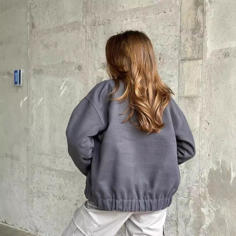 Damen Kurz geschnittene Bomberjacke aus Wollmix mit Druckknopfverschluss und elastischem Saum Echoarchiv