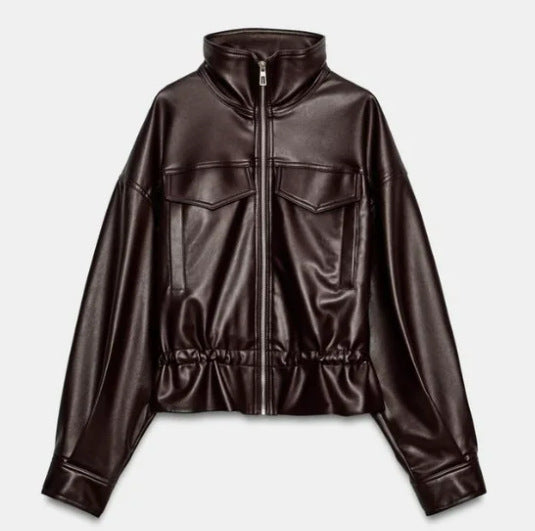 Damen Cropped Kunstleder‑Blouson mit Stehkragen, Pattentaschen und Tunnelzugtaillierung Echo Archiv