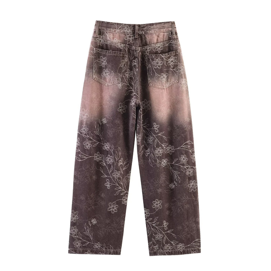 Damen Weite High‑Waist‑Jeans mit floralem Allover‑Print und Used‑Farbverlauf Echoarchiv