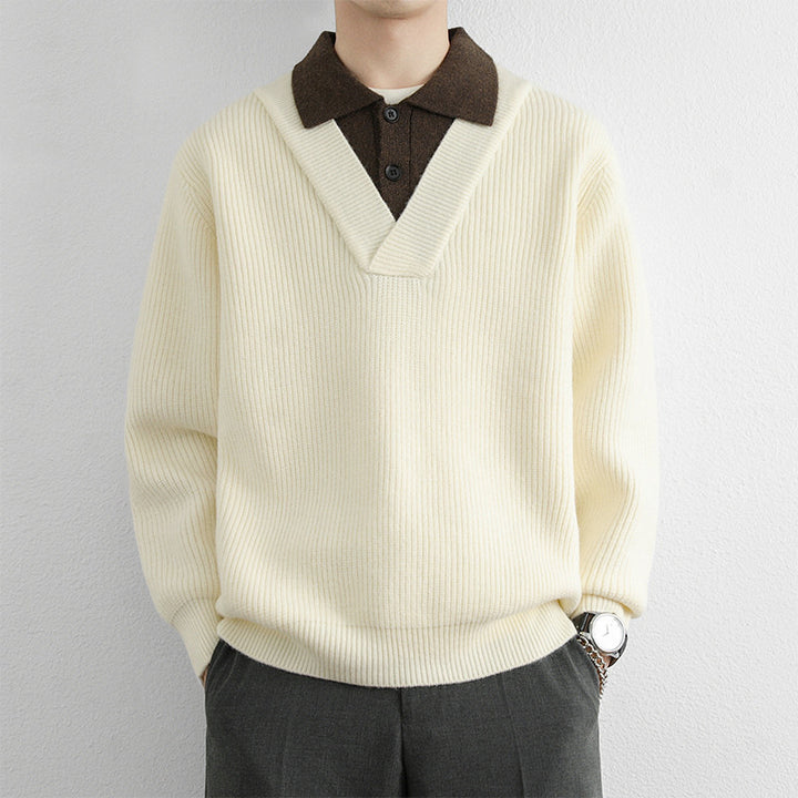 Herren Modischer V-Ausschnitt Pullover mit strukturierten Rippdetails Echoarchiv