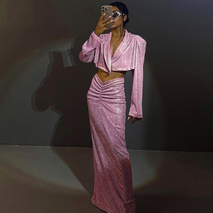 Damen Glitzerndes Crop-Oberteil und Wickelrock Set Echo Archiv