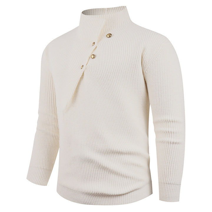 Herren Strickpullover mit asymmetrischem Kragen und dekorativen Holzknöpfen Echoarchiv