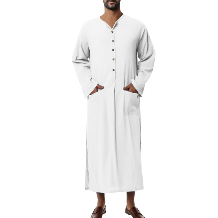 Herren nan weites langes Tunika-Kaftan aus atmungsaktivem Leinen mit Stehkragen Knopfblende und aufgesetzten Taschen Echoarchiv