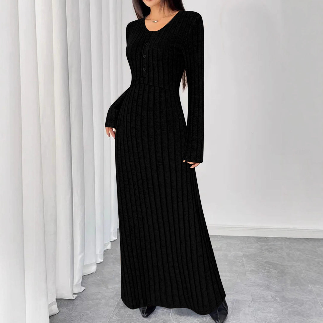 Damen Geripptes Maxi-Strickkleid mit Taillennaht und Knopfleiste Echoarchiv